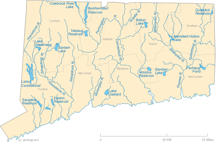 Map of Connecticut's rivers and lakes